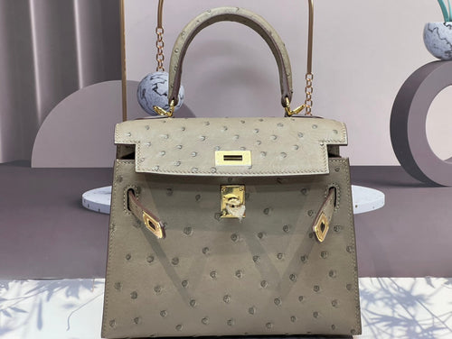 HERMES KELLY BAG 20 IN KHAKI BEIGE OSTRICH LEATHER WITH GOLD HARDWARE