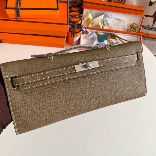 HERMES KELLY CUT 31 IN MOCHA BROWN CALFSKIN WITH SILVER HARDWARE