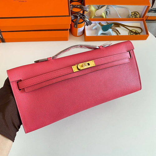 HERMES KELLY CUT 31 IN WATERMELON PINK CALFSKIN WITH GOLD HARDWARE