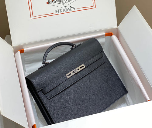 HERMES KELLY DEPECHES 34 BRIEFCASE IN BLACK TOGO CALFSKIN SILVER HARDWARE
