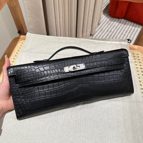 HERMES KELLY CUT 31 IN BLACK SHINY ALLIGATOR LEATHER WITH SILVER HARDWARE