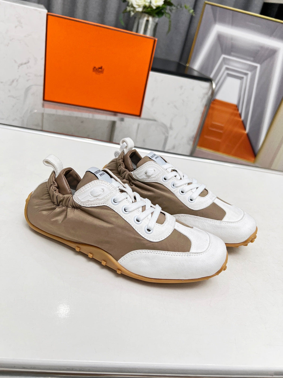 HERMES SKATEBOARD SHOES BROWN MIX WHITE SUEDE